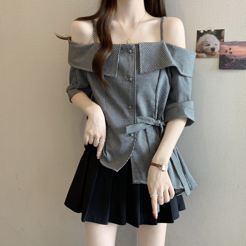 French-Style Off-Shoulder High-End Plaid Camisole Shirt for Women, Plus Size, Tie Waist, Slimming, Off-Shoulder Top for Summer