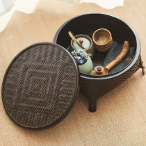Japanese storage bamboo basket Tea tray Tea table Kung Fu tea set Tea ceremony zero retro round desktop shelf with cover