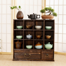 Chinese multi-grid cabinet Multi-layer shelf Entrance cabinet storage small household display rack Solid wood antique frame with drawer