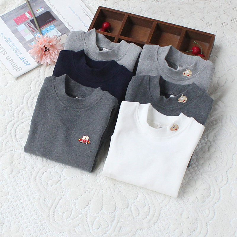 Boy semi-high collar base shirt pure cotton 2020 new autumn and winter brushed children's autumn clothes baby middle collar T-shirt