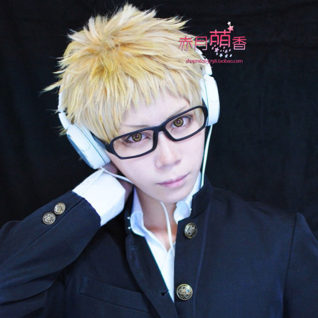 Mengxiangjia volleyball boy wig Tsukishima Hotaru fake hair golden face cosplay anime wig ສາຍໄຟອຸນຫະພູມສູງ