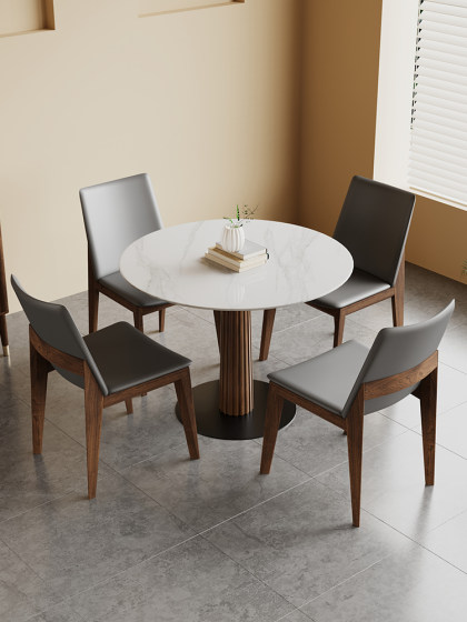 中古风岩板小圆桌家用小户型西餐厅饭桌复古实木圆形餐桌椅小方桌