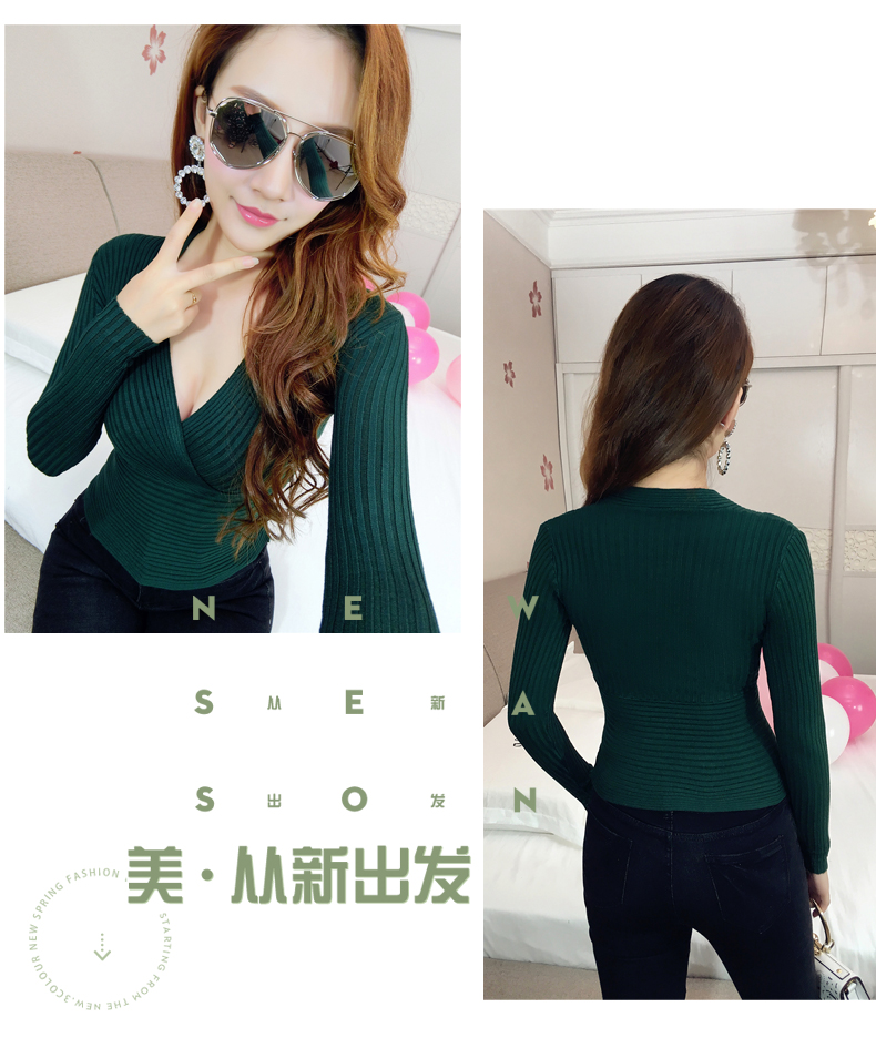 Phụ nữ mùa thu 2018 mới gợi cảm với áo crop-top sâu cổ chữ V tay dài bó sát bó sát áo thun bó sát màu rắn đan đáy áo áo len cho người già