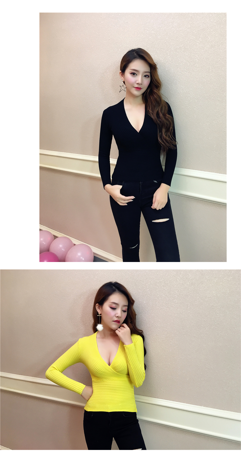 Phụ nữ mùa thu 2018 mới gợi cảm với áo crop-top sâu cổ chữ V tay dài bó sát bó sát áo thun bó sát màu rắn đan đáy áo áo len cho người già