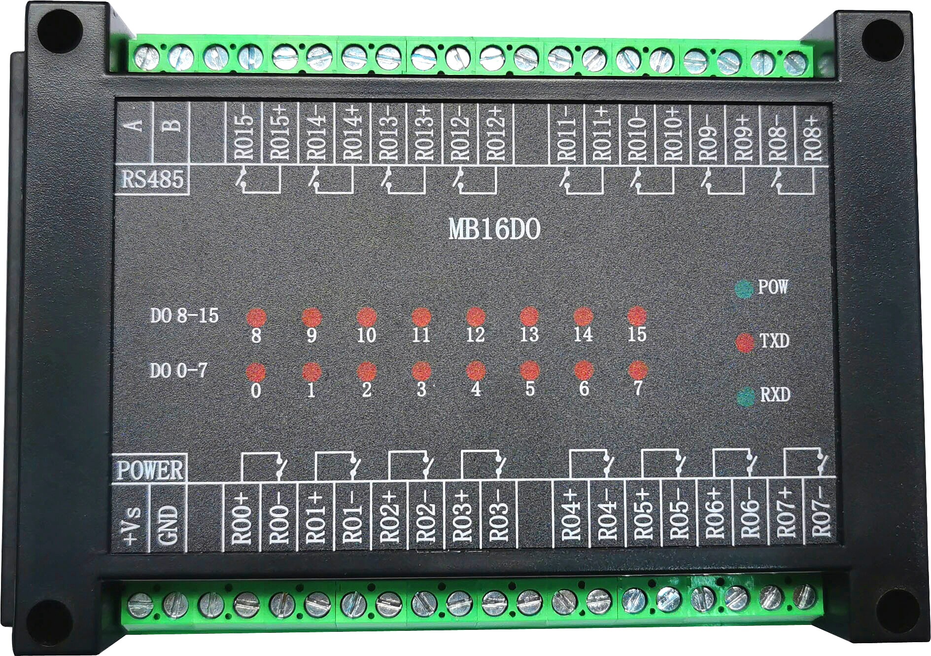 MB16DO switch output module 16 channels relay output isolated RS485 MODBUS RTU c