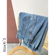 Little Hicks) 2022 Light blue display slim washed Old daddy loose Casual Straight Drum Pants High Waist Denim Pants Woman