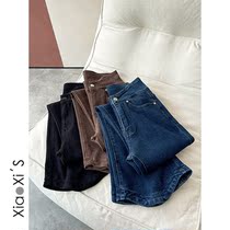 Little Hicks) 2022 Spring new high waist display slim display with high straight drum black jeans female microlabra hooves