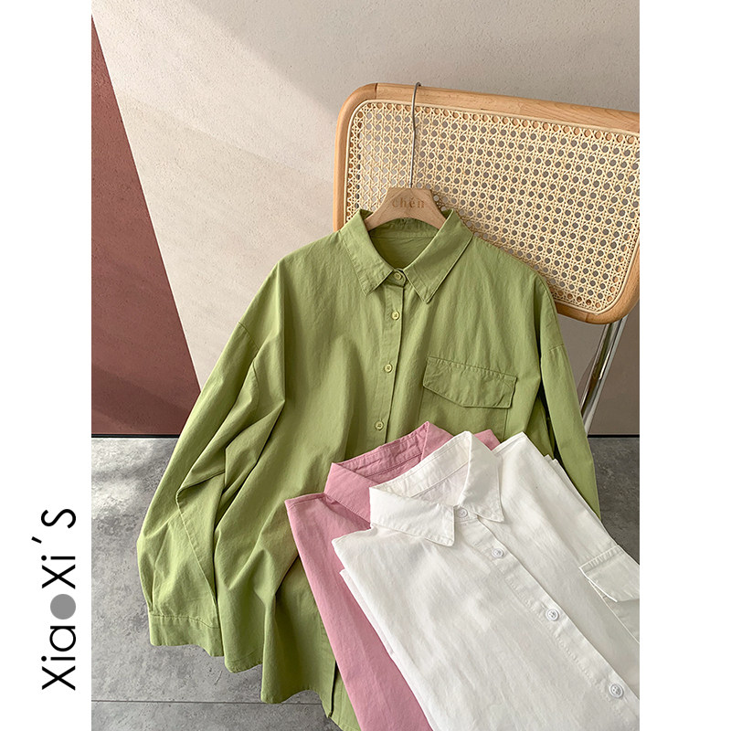 Xiaoxijia) 2022 spring all-match thin solid color loose pocket Korean long-sleeved lapel shirt shirt women's tide