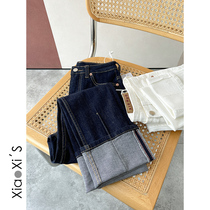 Little Hijijia) big turned side female straight tube 2022 new high waist smoke tube elastic display slim casual denim long pants