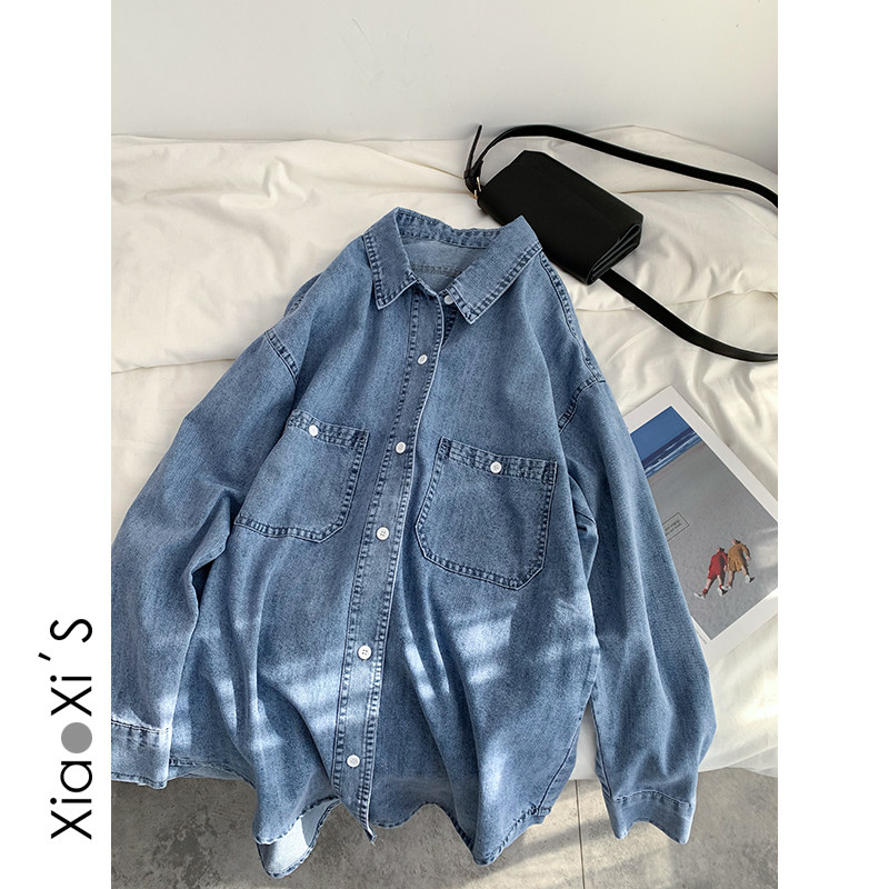 Xiaoxijia) 2021 spring all-match shirt female student loose blue port taste vintage denim shirt jacket tide