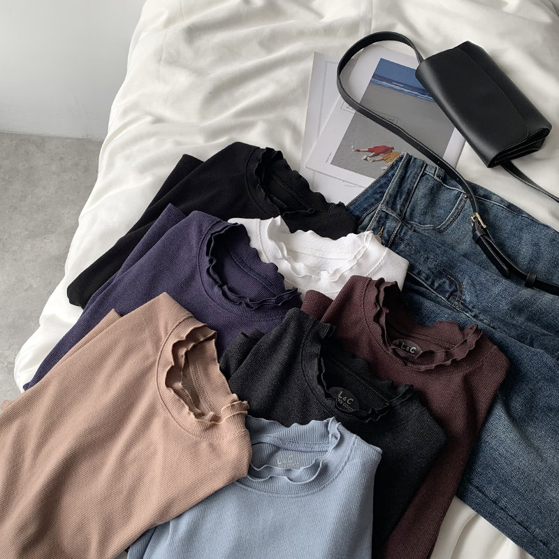 Xiaoxijia) fungus edge half turtleneck bottoming shirt white long-sleeved T-shirt female Korean version all-match solid color inner top