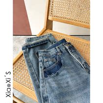 Little Him) 2022 Spring dark high waist loose wide leg washed Harun Balloon Old Daddy Jeans Long Pants