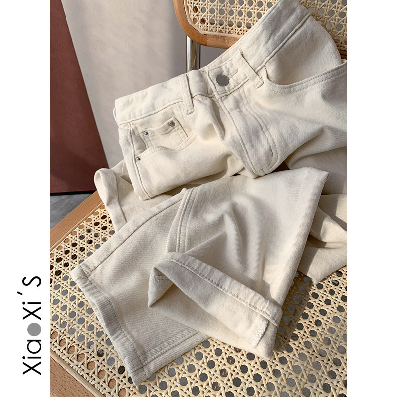 Little Hijijia) rice white spring autumn small child straight drum high waist elastic display slim 100 lap nine points Cowboy smoke pipe pants
