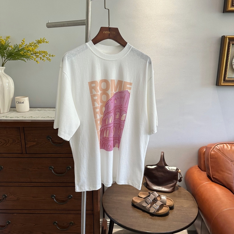 【Fayween】26 Spring and Summer New Style Skin-Feel Linen Cotton Roman Leaning Tower of Pisa Printed Short-Sleeved T-Shirt for Women Loose Fit