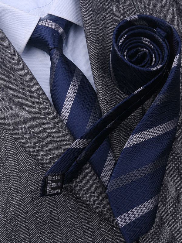 Silk Hand-Tied Twill Tie for Men, Business Formal Wear, 8cm Blue and White Stripes, High-End Texture