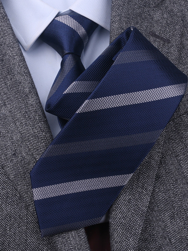 Silk Hand-Tied Twill Tie for Men, Business Formal Wear, 8cm Blue and White Stripes, High-End Texture