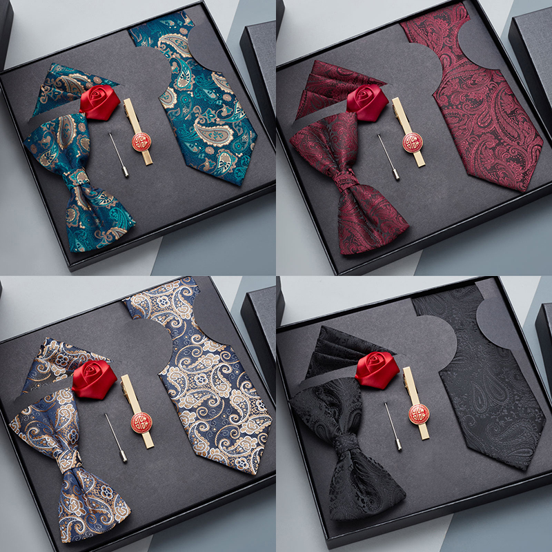 5-Piece Suit Set with Tie, Men's Formal Wear, Business, Wedding, Groom's Bow Tie, Pocket Square, Tie Clip, No Need to Tie, Zipper, Red, High-End