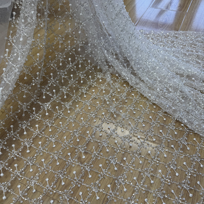 New Lace Embroidery with Crystal Sequins and Small Pearls, Designer Fabric for Wedding Dresses