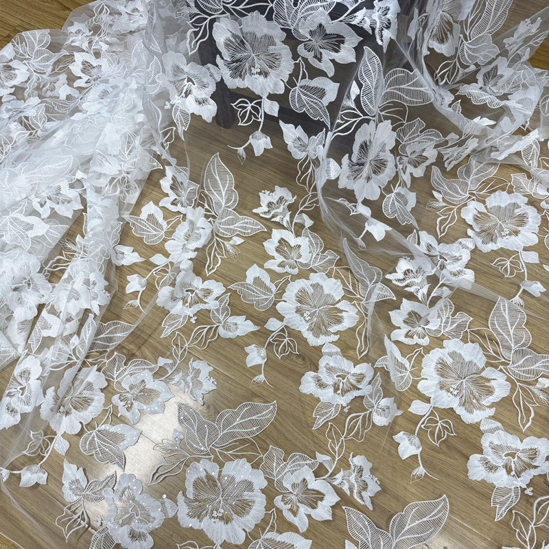 Lace Flowers and Leaves Embroider Sequined Lace Stereo Lace Transparent Mesh Fabric Wedding Dress Lace