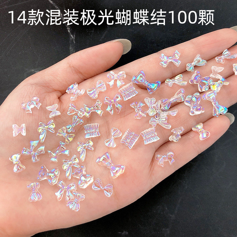 美甲极光蝴蝶结饰品幻彩透明立体小红书钻饰日式指甲装饰网红爆款