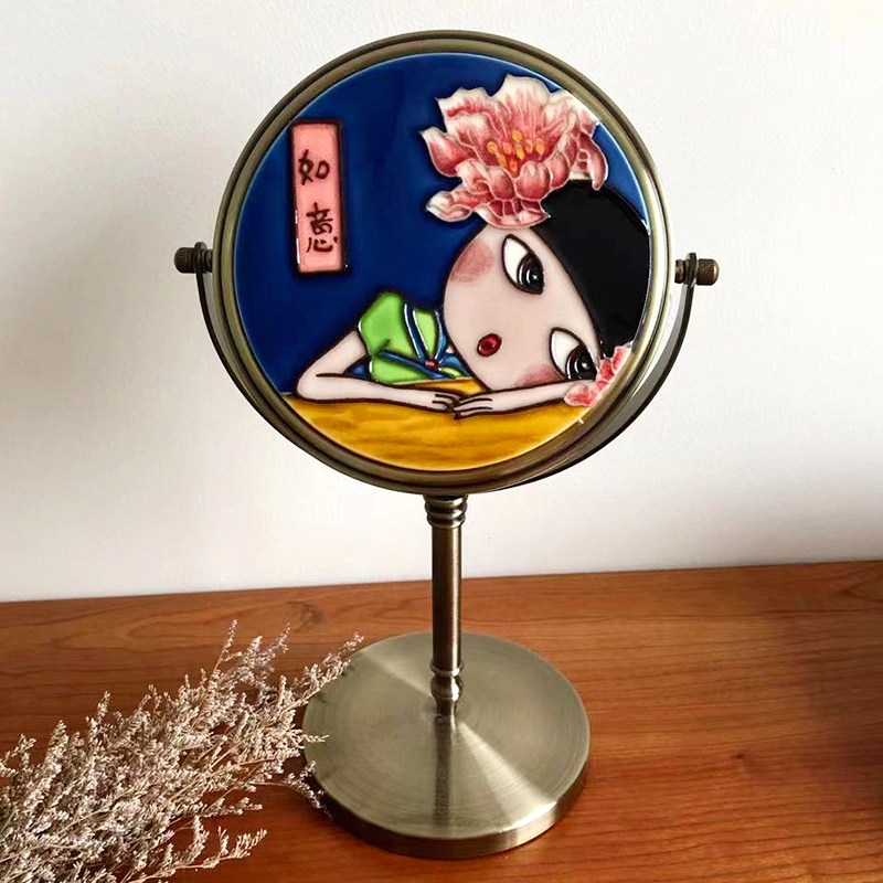 Cute Retro Desktop High Definition Makeup Mirror Home Decoration Small Number Desktop Cosmetic Mirror Solid Porcelain Plate Painting Send Friends