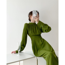  ICTS you smile you are a little reserved retro green bubble sleeve waist drop smooth and thin dress