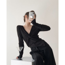  ICTS cold fashion sense black beige coffee color two-color chest knot dark V-neck long-sleeved sweater