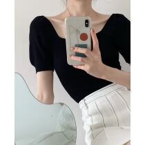 ICTS inadvertently small sexy plum purple rice apricot pure black tricolor high-ball short-sleeved knitted top