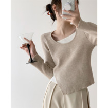  ICTS sunset-filled gentle little elegant apricot and white color design sense asymmetrical fake two-piece knitwear