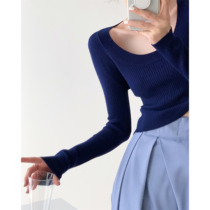  ICTS lives next door to endless blue dark blue milk coffee basic U-neck soft waxy feel bottoming sweater