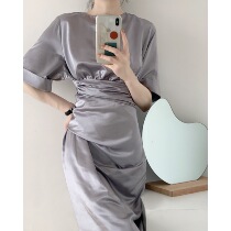 ICTS Elegant and precious dreamy gray-purple silk satin waist irregular design meat-covering dress