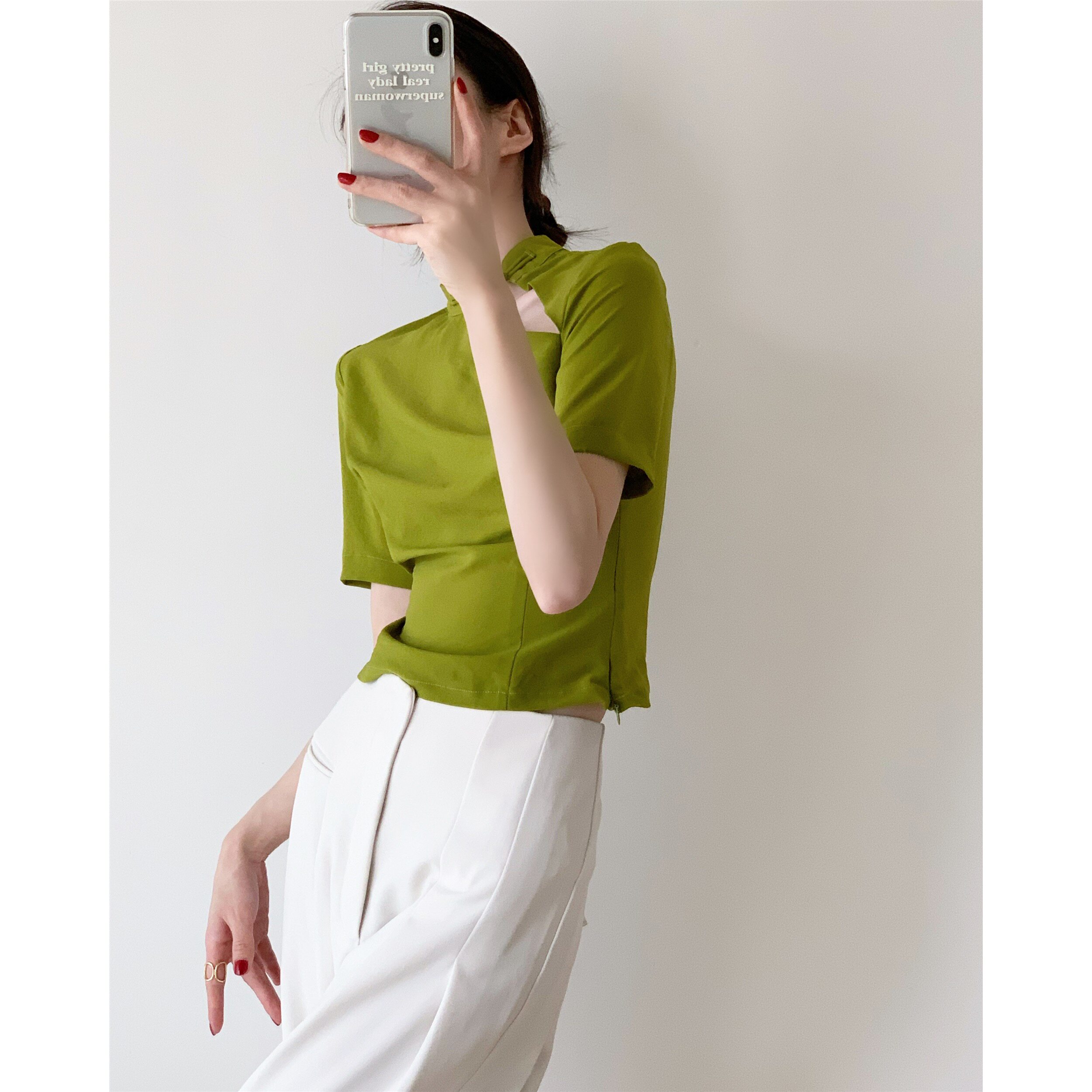 ICTS Fashion with national wind Collision Bull Oil Fruits Green Split Qipao Disc Buckle Design Body Short Sleeve Blouse