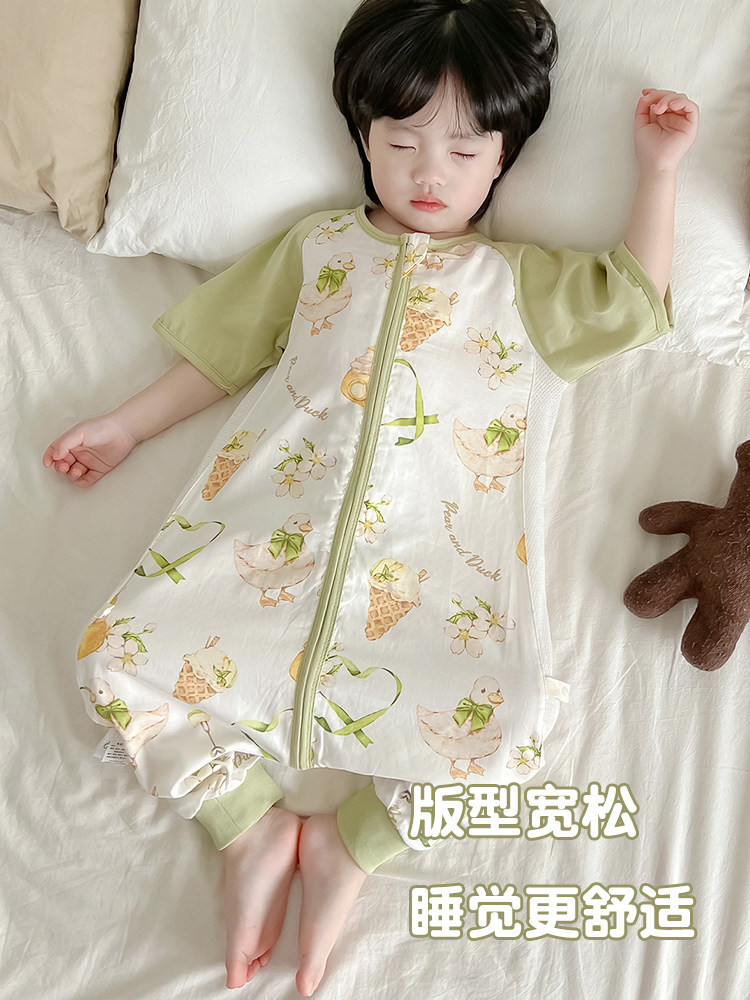 BABY ONE-PIECE PAJAMAS SUMMER THIN CHILDRENS DRESSING GOWNS BAMBOO COTTON GAUZE BOYS AND GIRLS AIR-CONDITIONED CLOTHING ANTI-KICK QUILT SHORT SLEEVES