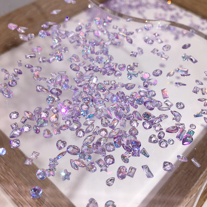 Ice-Clear Cognac Crystal Purple Coated Iridescent Zircon Nail Art Rhinestones, Blue Lavender Purple Small Mixed Mini Rhinestones
