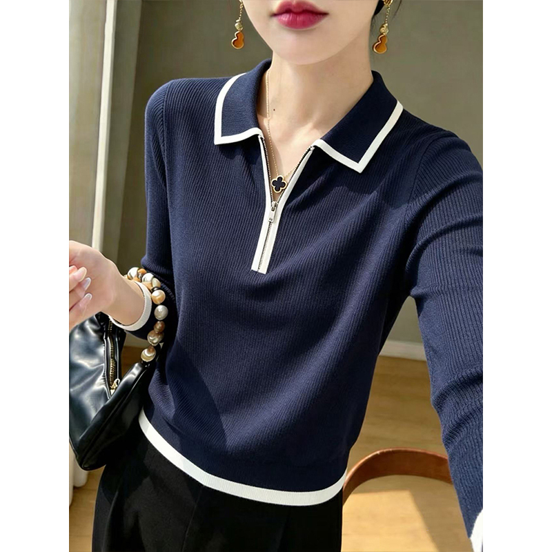 New Autumn and Winter Half-Zip Pullover Polo Collar Knitted Base Shirt, Elegant and Slimming Loose Knitwear
