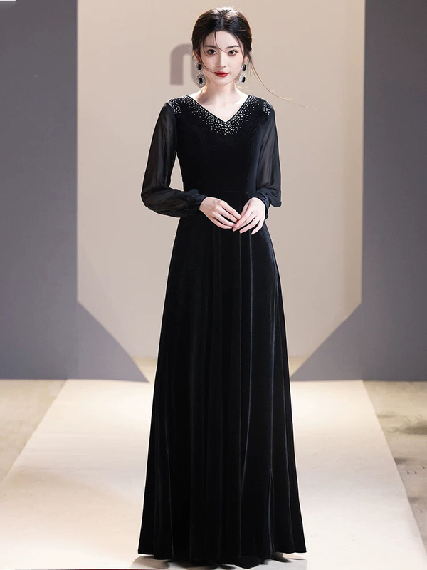 Drapey Stretch Velvet Skirt for Women, New Winter Long Skirt, Black Slimming Versatile Flared Skirt, Choir Skirt, V-Neck with Rhinestones