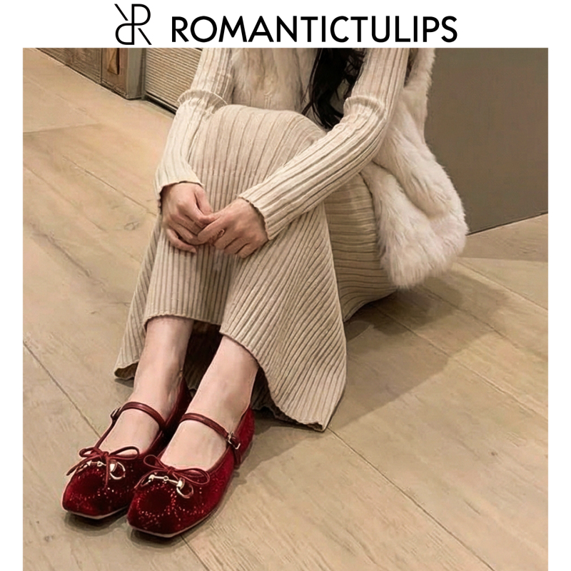 High-End Red Mary Jane Printed Rhinestone Ballet Shoes for Women, Square Toe, Flat, Single Strap, Bow-Knot Single Shoes
