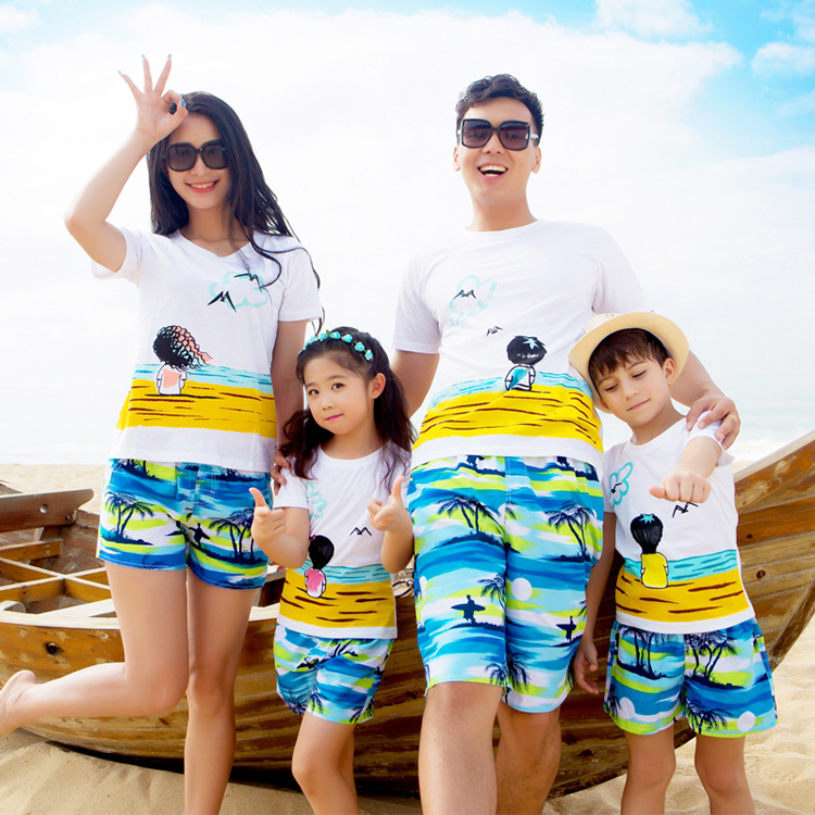 Thái Lan Hải Nam Sanya quần áo du lịch bên bờ biển kỳ nghỉ cha mẹ-con thiết lập bãi biển nhanh khô quần cotton áo thun thủy triều quần áo gia đình