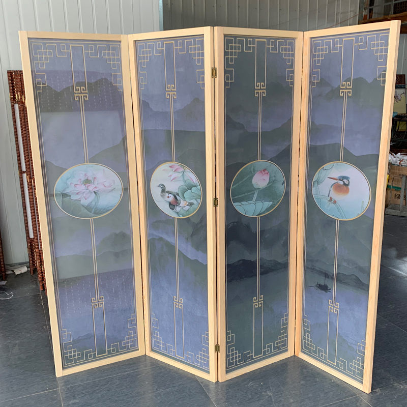 Solid wood translucent screen partition porch sample house display center high-end custom pattern home feng shui mobile folding screen