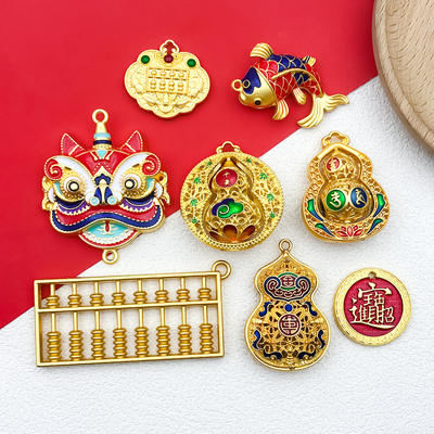 Ancient-style gold drop oil enamel color hollowed-out lion dance abacus and gourd pendant diy jewelry bracelet accessories