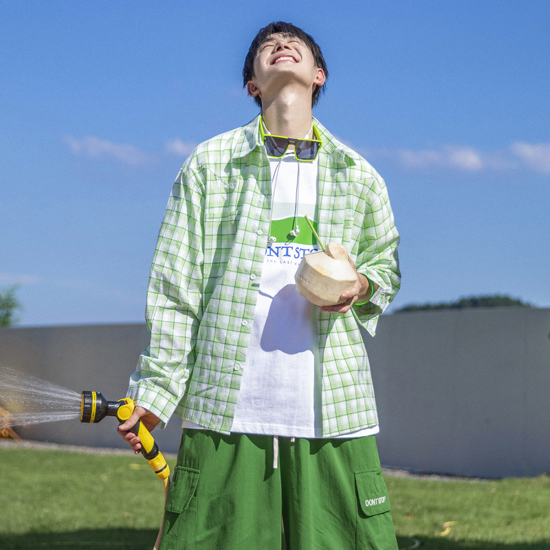 Pd Adult Cool Mint-Flavored Summer Plaid Shirt Unisex Top 2025 American Style Color-Blocking Loose Casual Shirt