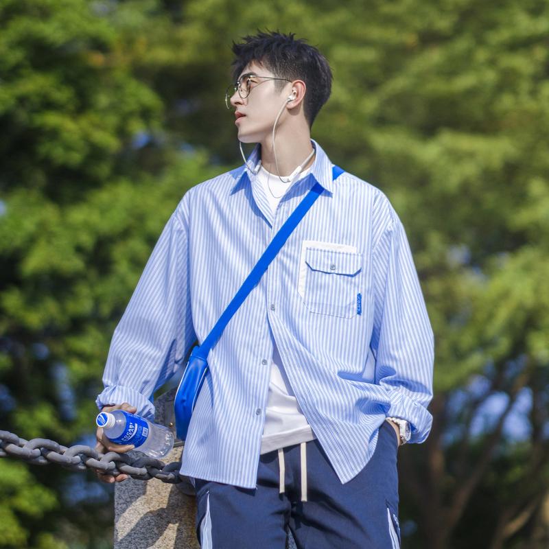 Pd Adult Artistic Style Striped Shirt for Men, Spring and Autumn Loose Fit, Japanese Style Patchwork Color-Block Pocket Vertical Stripe Long-Sleeve Shirt