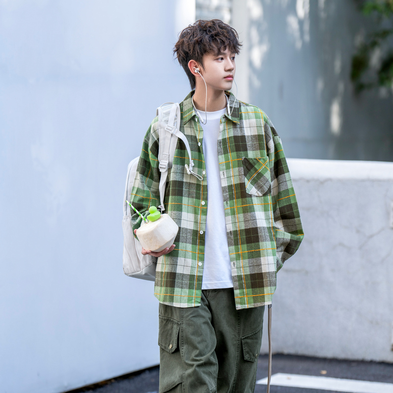 Pd Adult Avocado Long-Sleeve Plaid Shirt for Boys and Teenagers, Thickened Plaid Shirt Jacket, Casual Top, Trendy