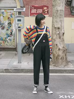 (Spot) loyal dog Small eight pear-shaped homemade-denim baby bag pants autumn black loose Korean version of Joker student h