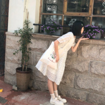 (Spot) loyal dog Small eight pear-shaped homemade-listen to the wind and rain-solid color embroidery printed summer cute dress