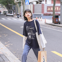 (Spot) loyal dog Small eight pear-shaped homemade h small painter Japanese ins campus splicing long sleeve T-shirt Spring Wild