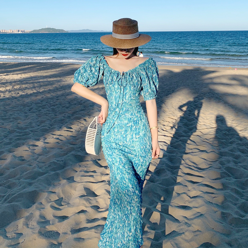 Three Sub Tourist Seaside Holiday Photo Beach Dresses Woman with Shoulder Broken Flowers slim Ocean Dress Bohemian long dress