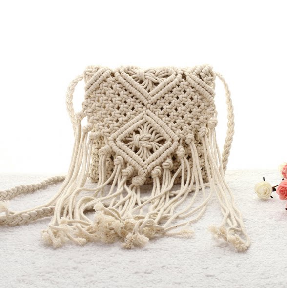 Handmade bag tassel slung bohemian cotton rope shoulder woven women's bag seaside holiday family style beach bag