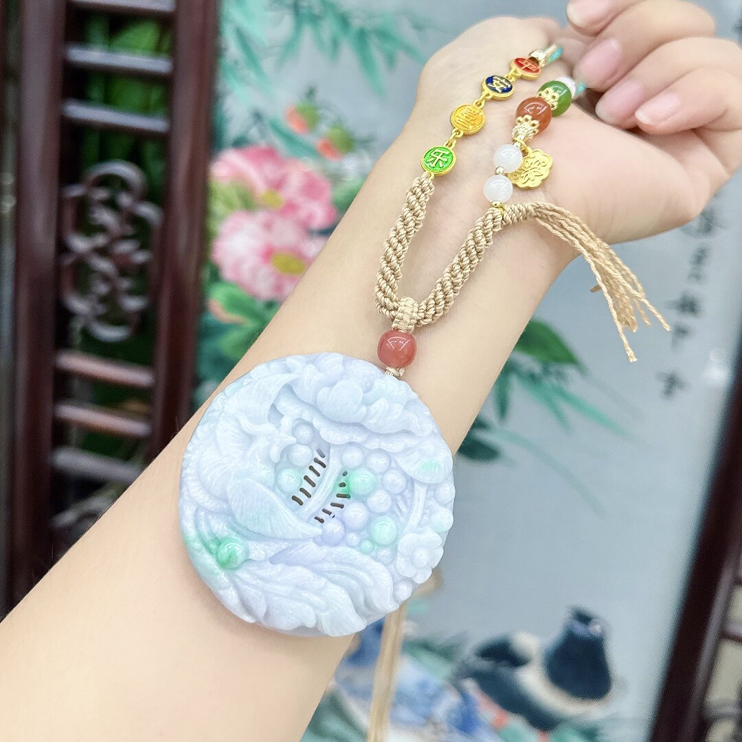 天然A货翡翠冰糯种春彩吊坠凤凰牡丹雕刻圆牌5cm翡翠镯心牌-Taobao-Tmall