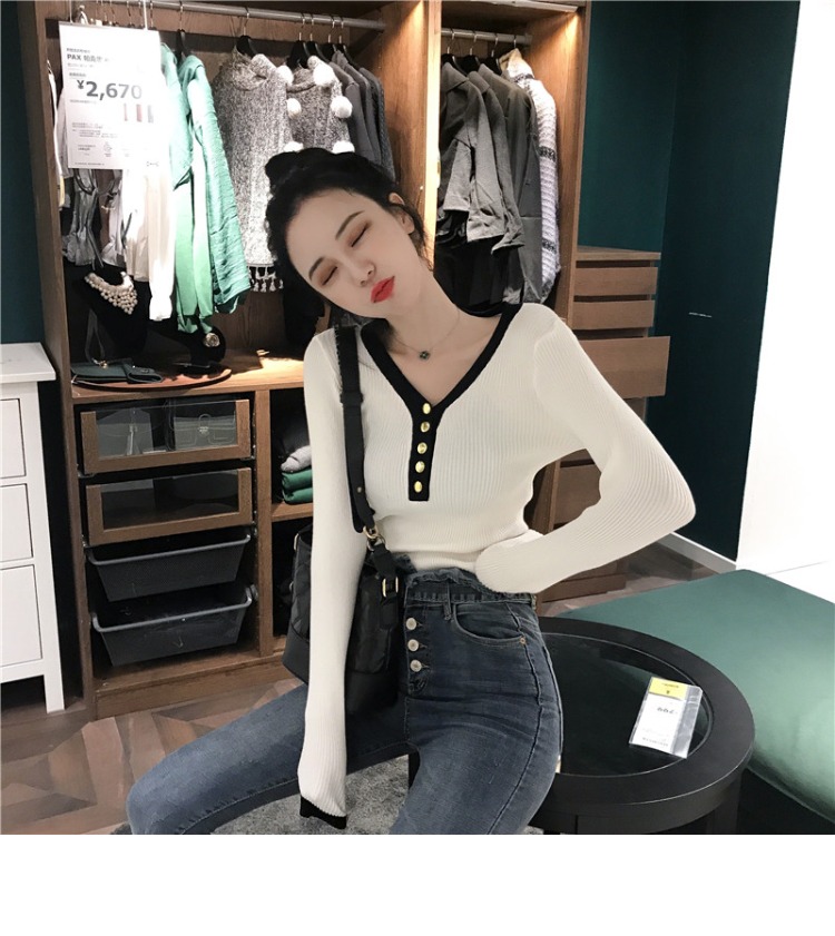 Áo len đầu thu sang trọng của phụ nữ đầu v cổ mỏng phần mùa thu màu mới phù hợp với áo sơ mi mỏng tay dài đáy quần áo cardigan nữ